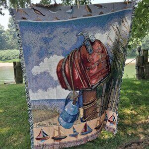 Coastal Tapestry Fringed Throw Blanket Signed Michelle Palmer  64"x50" Marsh